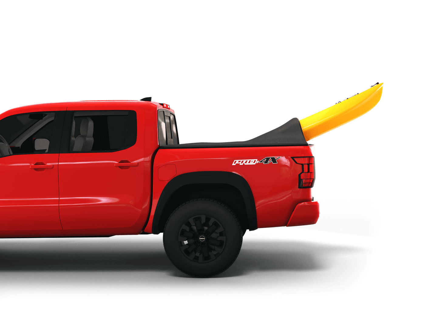 Red Nissan Frontier with yellow kayak under sawtooth stretch truck bed cover
